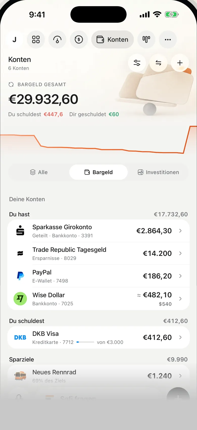 Safi-Ansicht Konten mit Nettovermögen und Kontoständen