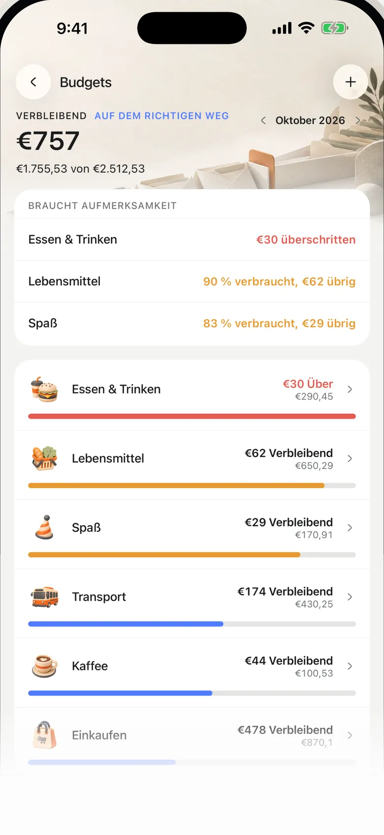Safi-Ansicht Budgets mit Monatslimits pro Kategorie