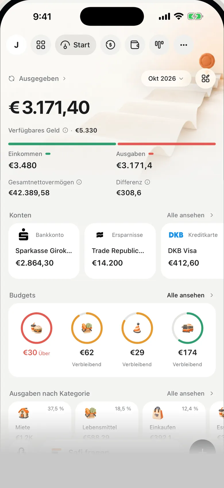 Safi-Übersicht mit den Monatsausgaben im Vergleich zum Budget
