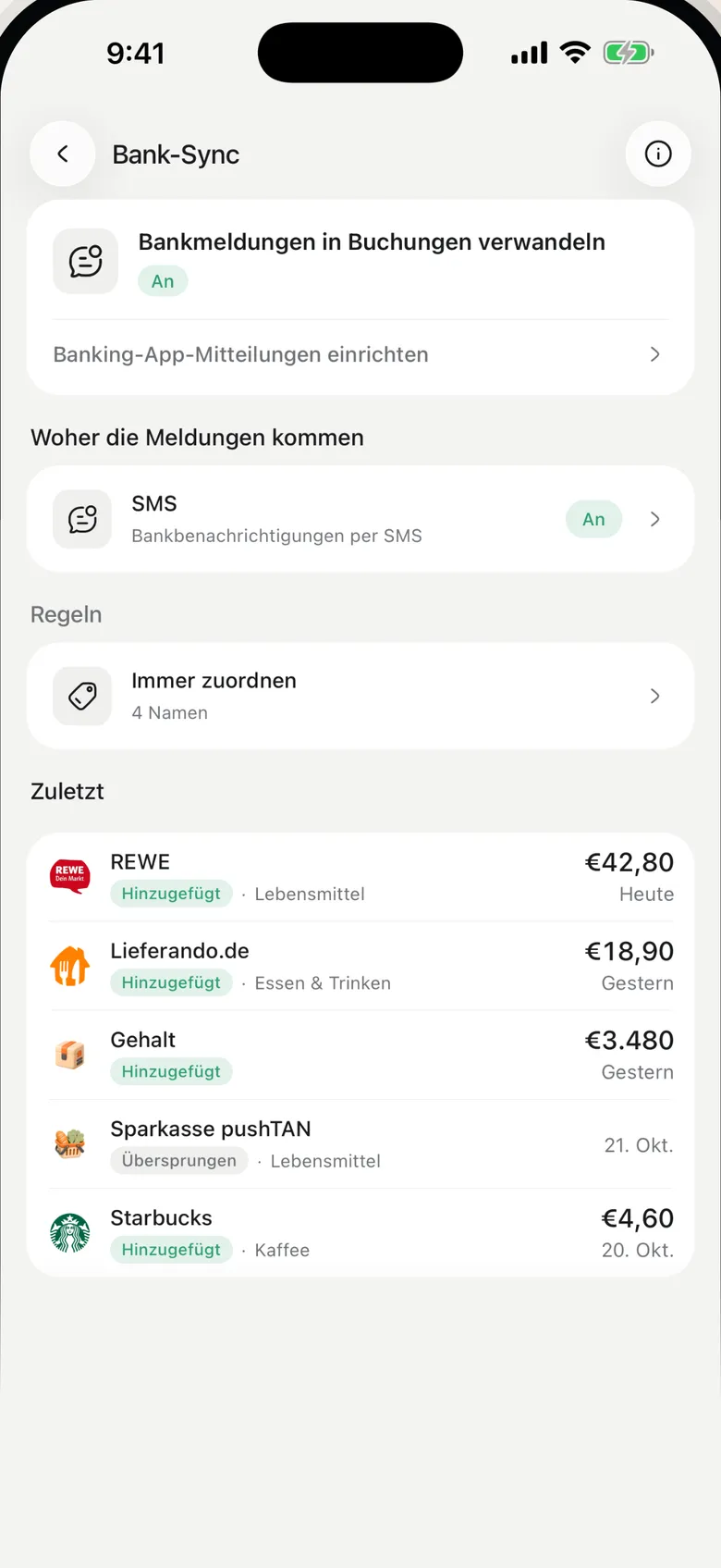 Safi-Ansicht zur Banksynchronisierung mit zuletzt synchronisierten Nachrichten