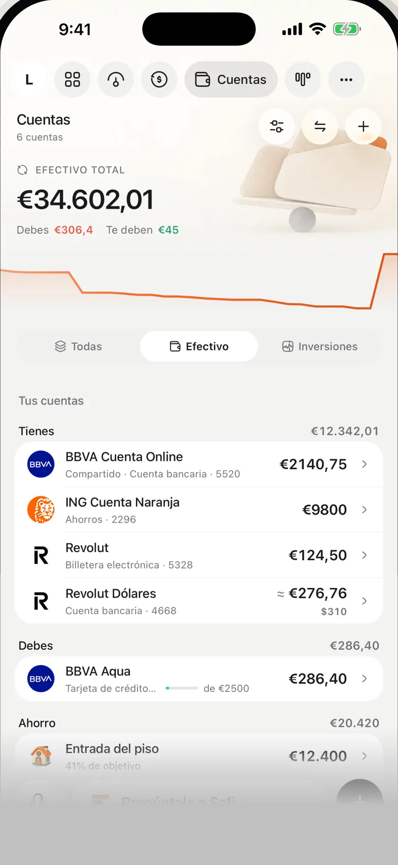 Pantalla Cuentas de Safi con el patrimonio neto y los saldos