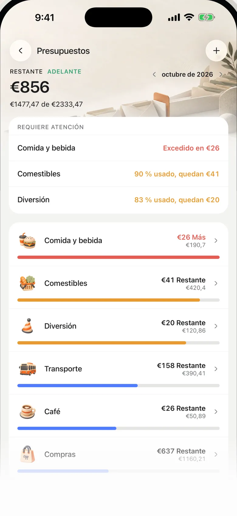 Pantalla Presupuestos de Safi con los límites mensuales por categoría