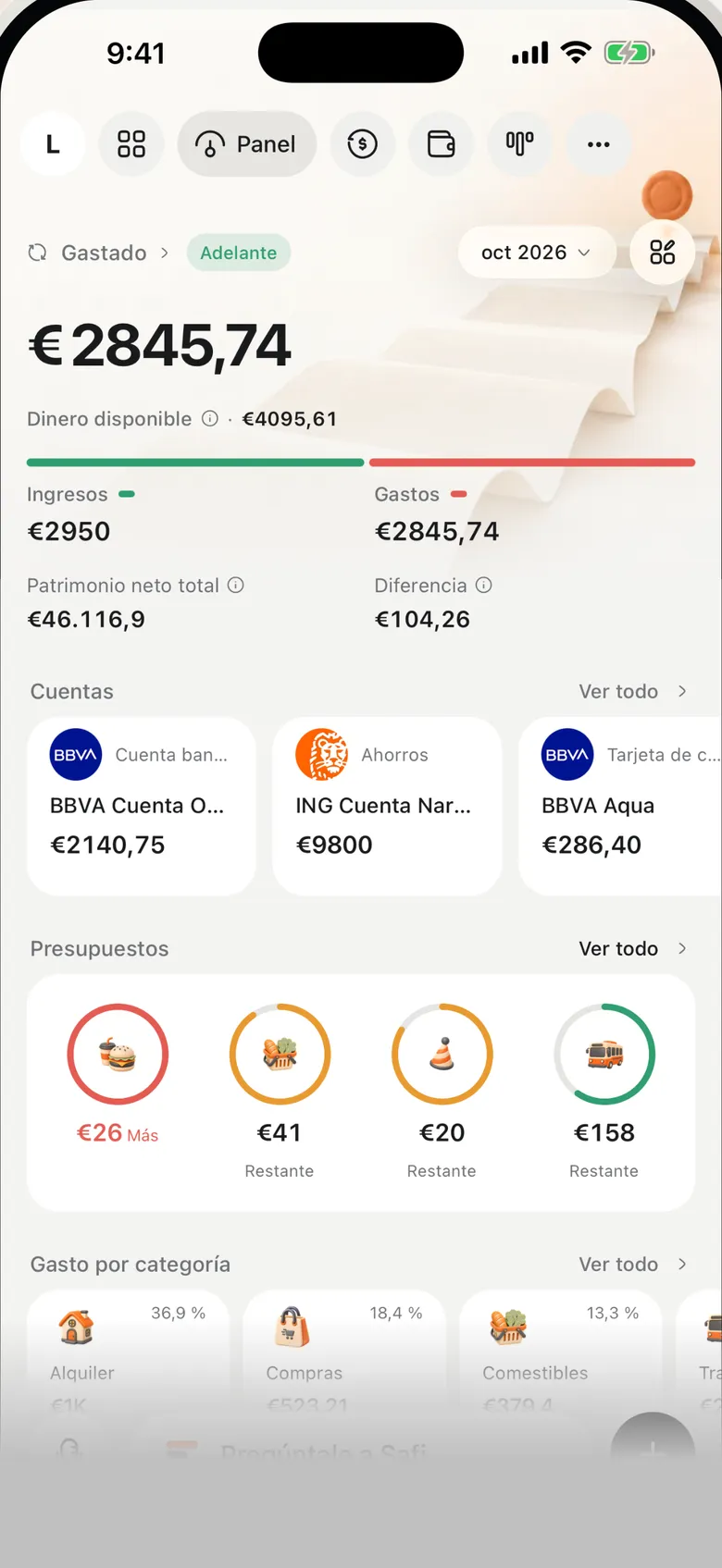 Panel de Safi con el gasto del mes frente al presupuesto