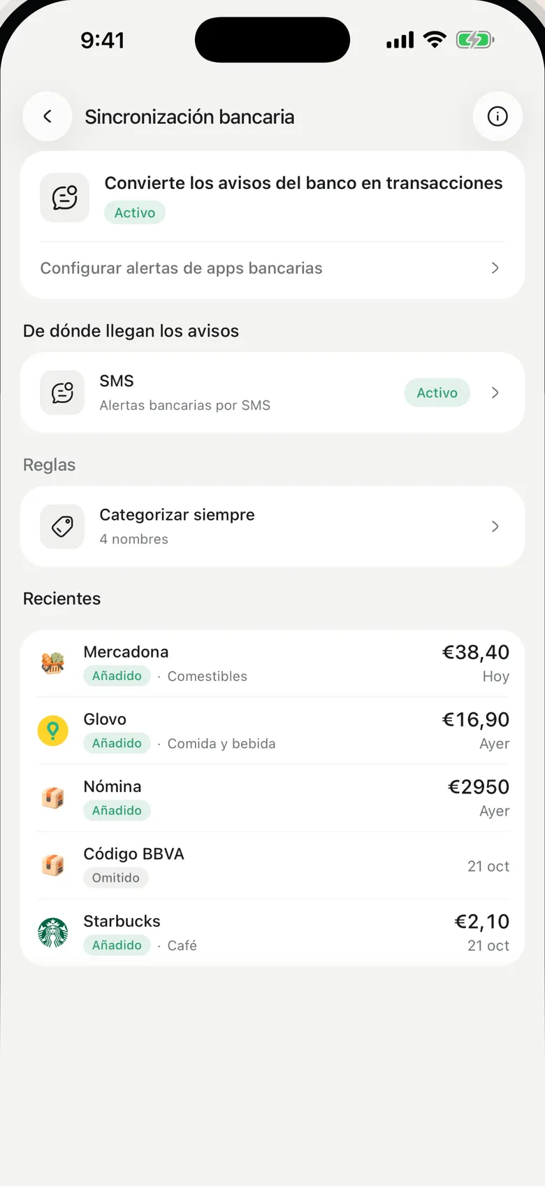 Pantalla de sincronización bancaria de Safi con los últimos mensajes sincronizados