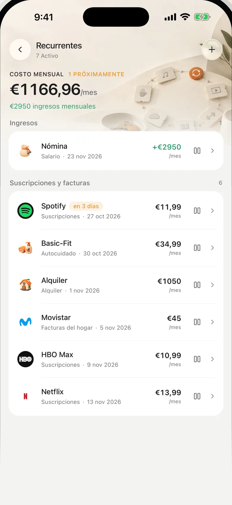Pantalla de suscripciones de Safi con cargos recurrentes y fechas de renovación