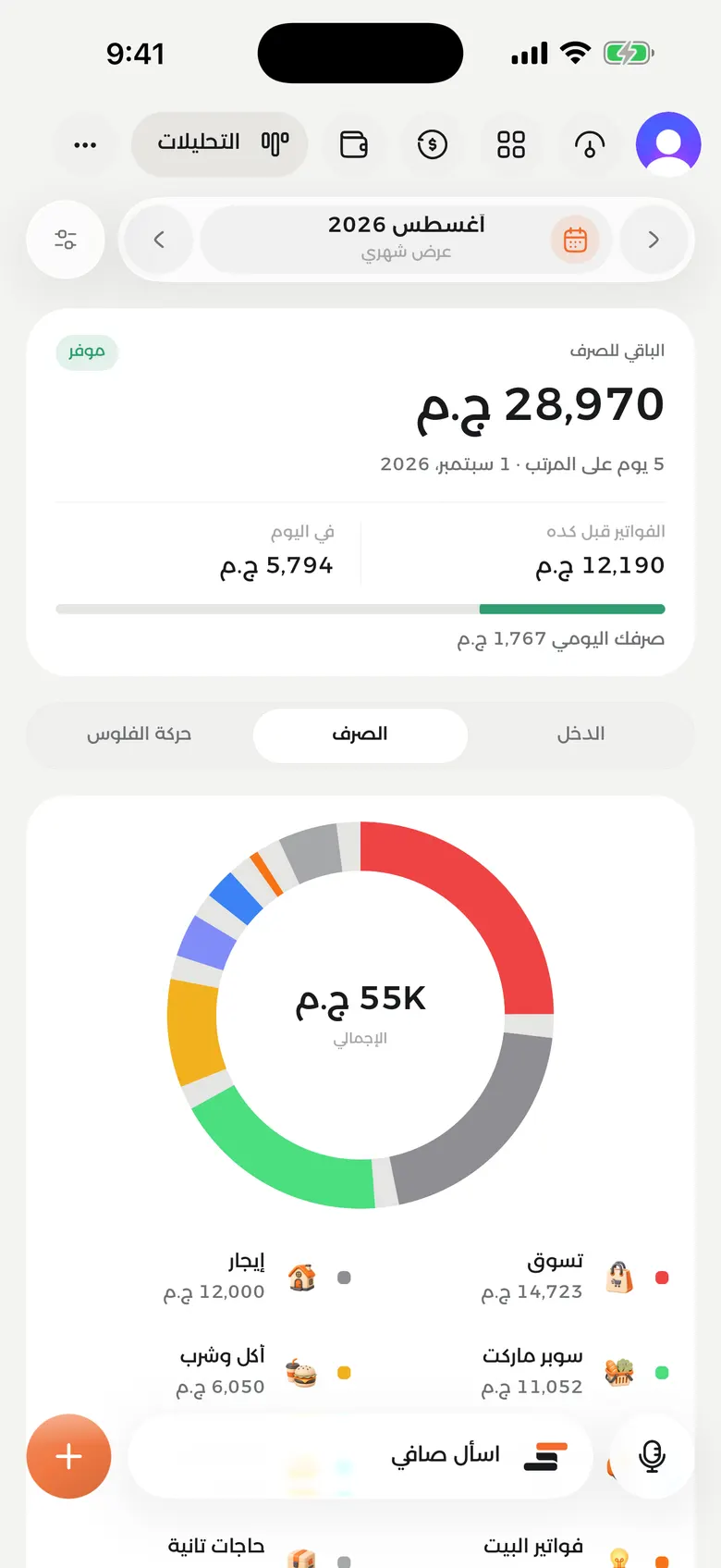 شاشة التحليلات في صافي بتعرض اتجاه المصاريف شهر بشهر