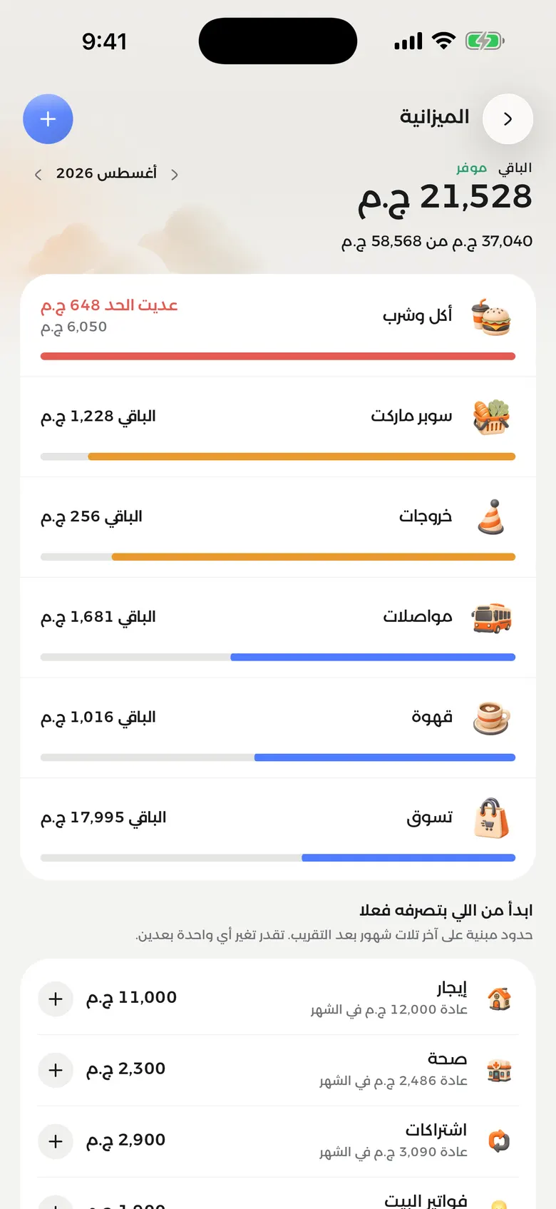 شاشة الميزانيات في صافي بتعرض الحد الشهري لكل بند
