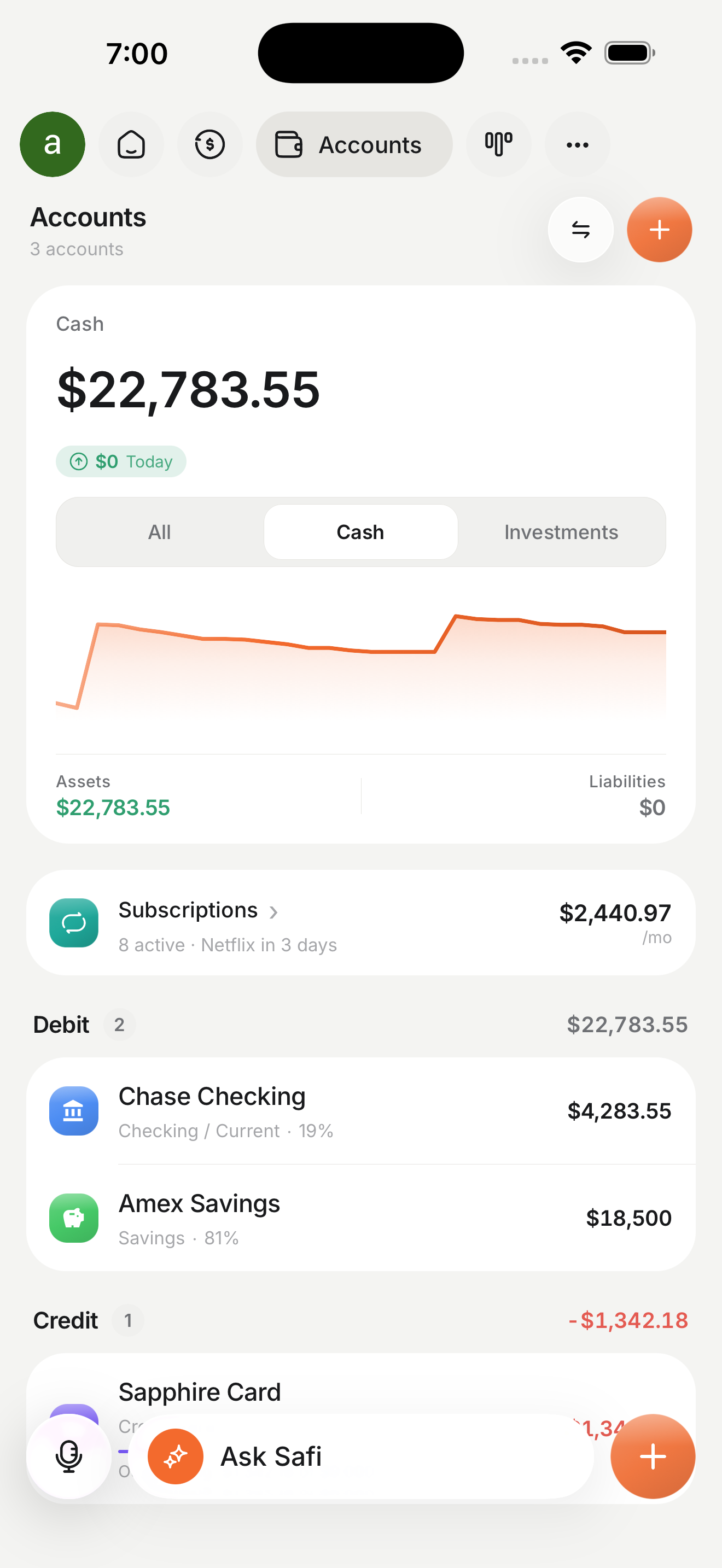 Safi accounts screen showing net worth and account balances