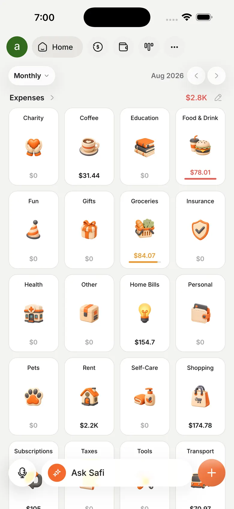 Safi home screen showing this month's spending by category