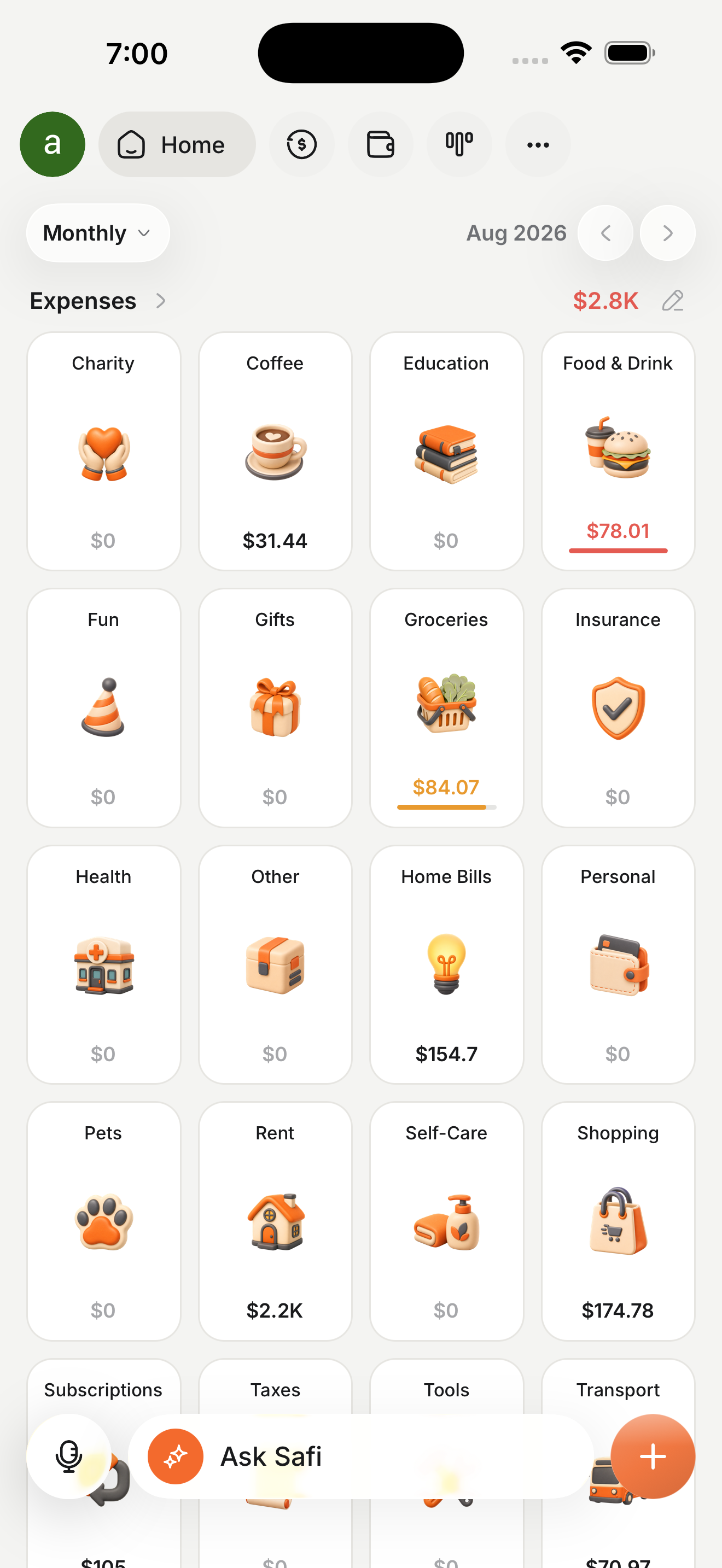 Safi home screen showing this month's spending by category