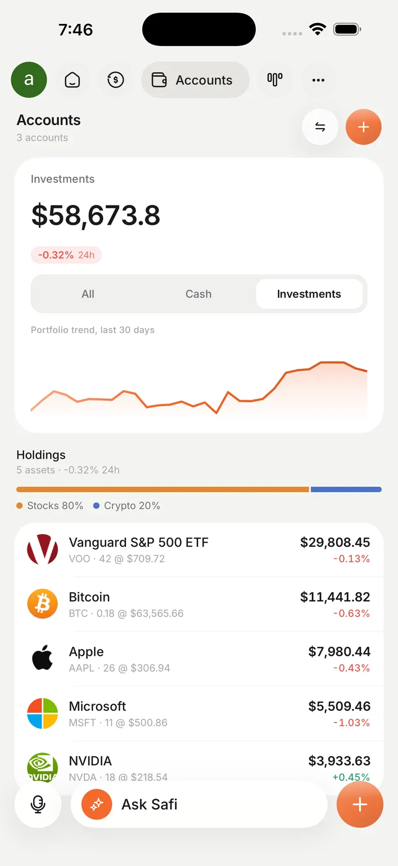 Safi investments view showing holdings and portfolio value