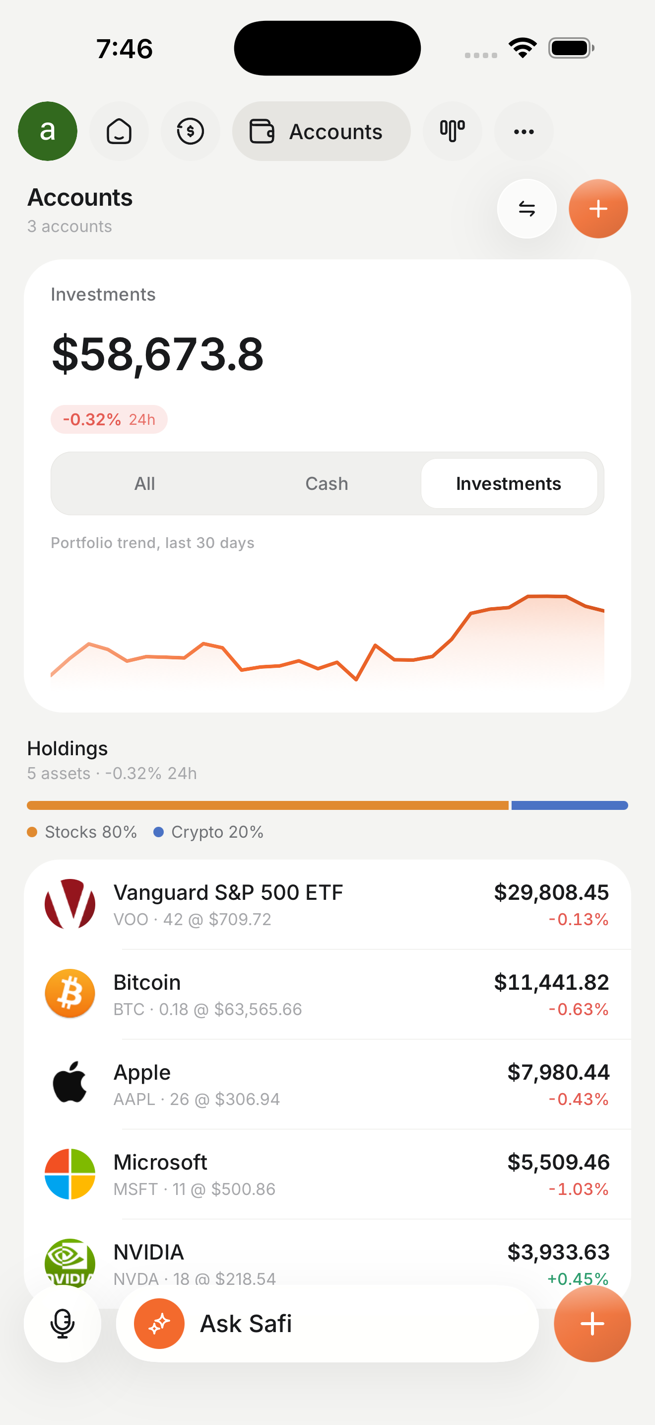 Safi investments view showing holdings and portfolio value
