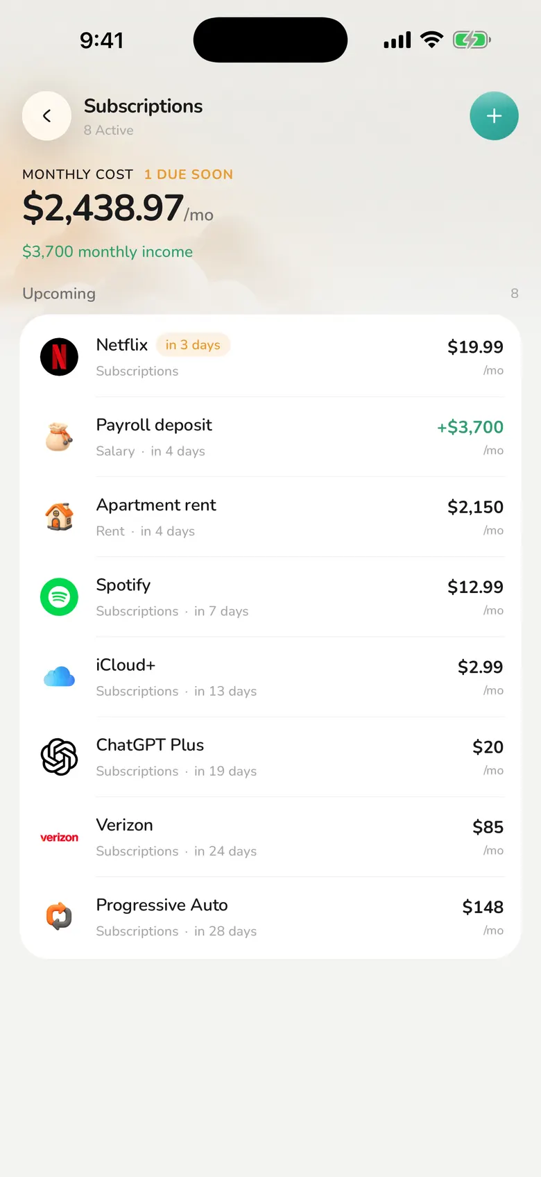 Safi subscriptions screen listing recurring charges and renewal dates